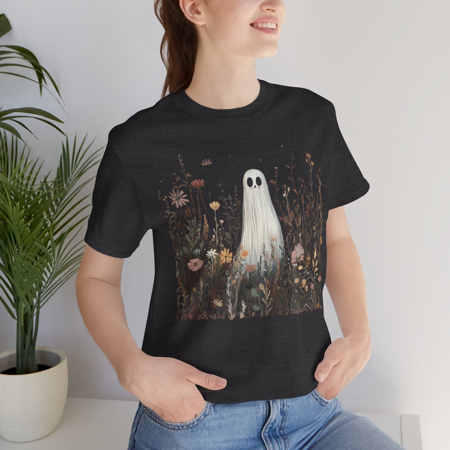 Whimsical Ghost Floral Tee, Casual Summer Shirt, Cute Ghost T-Shirt, Unique Gift for Ghost Lovers, Boho Style Cotton Tee
