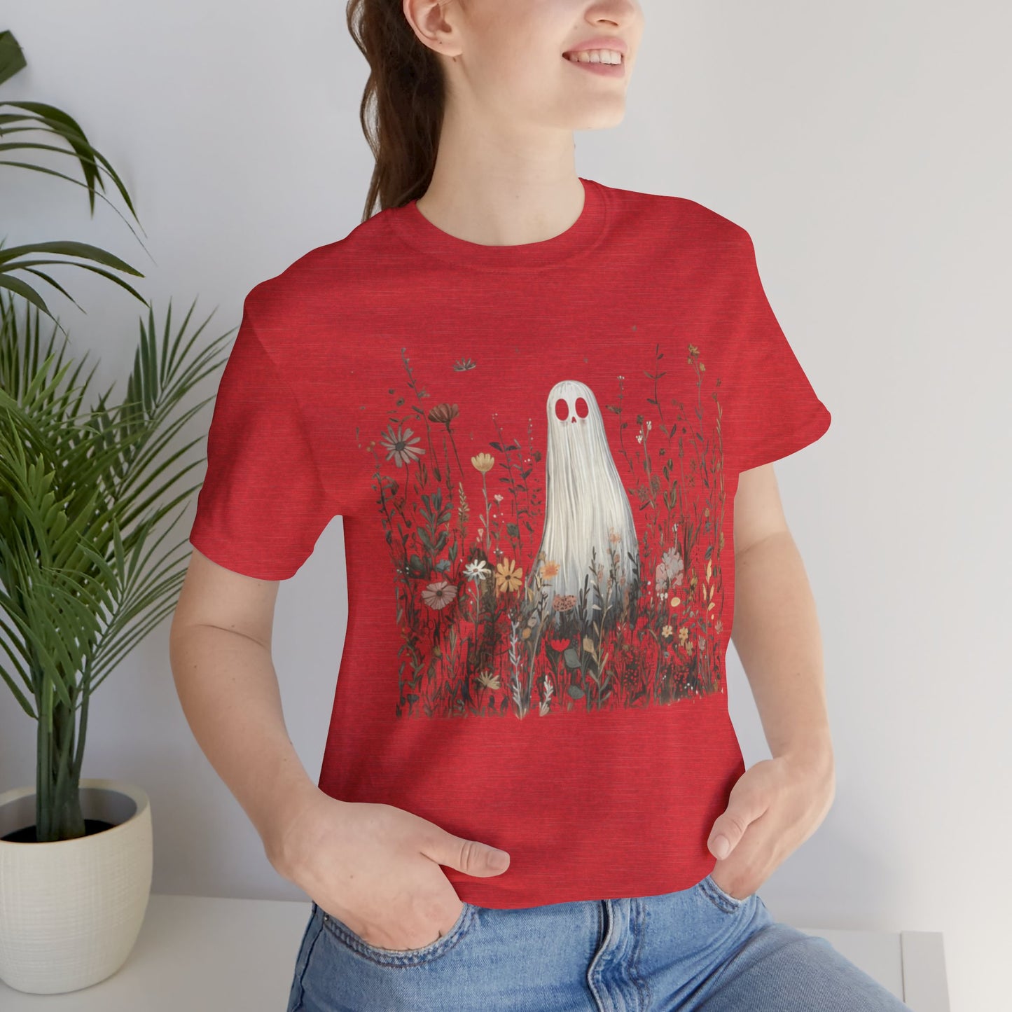 Whimsical Ghost Floral Tee, Casual Summer Shirt, Cute Ghost T-Shirt, Unique Gift for Ghost Lovers, Boho Style Cotton Tee