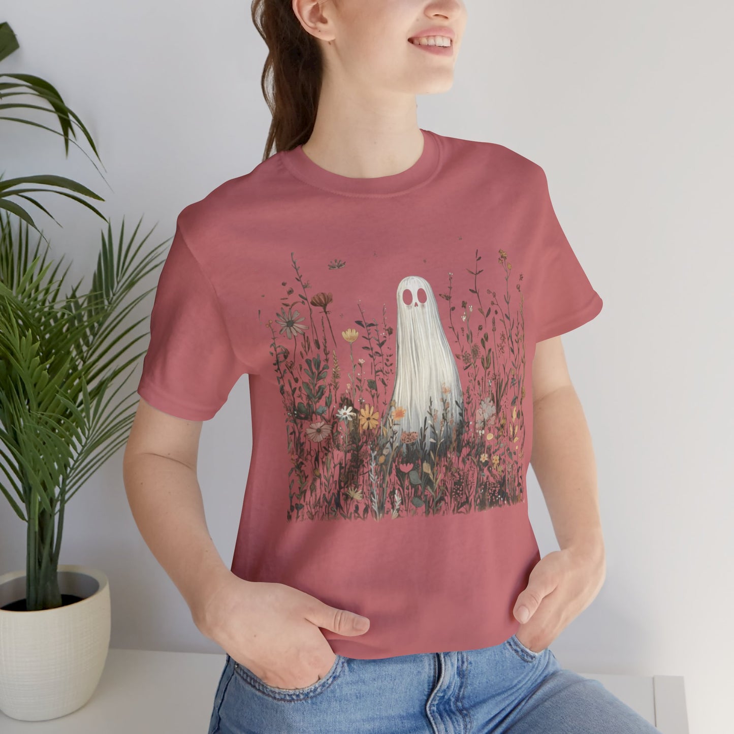 Whimsical Ghost Floral Tee, Casual Summer Shirt, Cute Ghost T-Shirt, Unique Gift for Ghost Lovers, Boho Style Cotton Tee