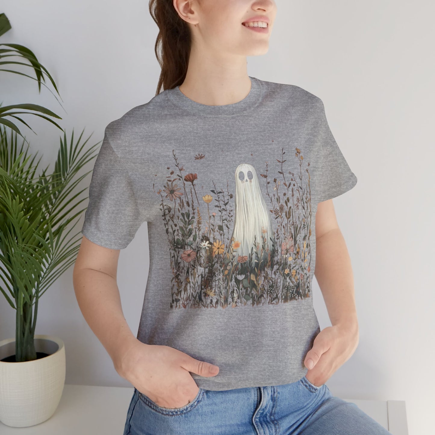 Whimsical Ghost Floral Tee, Casual Summer Shirt, Cute Ghost T-Shirt, Unique Gift for Ghost Lovers, Boho Style Cotton Tee