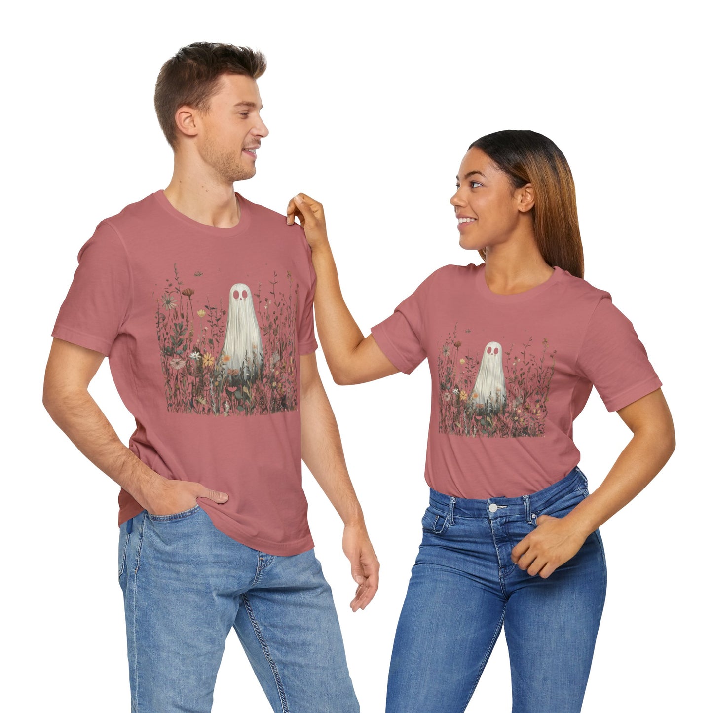 Whimsical Ghost Floral Tee, Casual Summer Shirt, Cute Ghost T-Shirt, Unique Gift for Ghost Lovers, Boho Style Cotton Tee