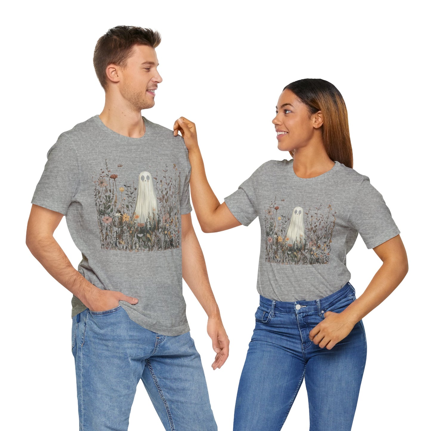 Whimsical Ghost Floral Tee, Casual Summer Shirt, Cute Ghost T-Shirt, Unique Gift for Ghost Lovers, Boho Style Cotton Tee