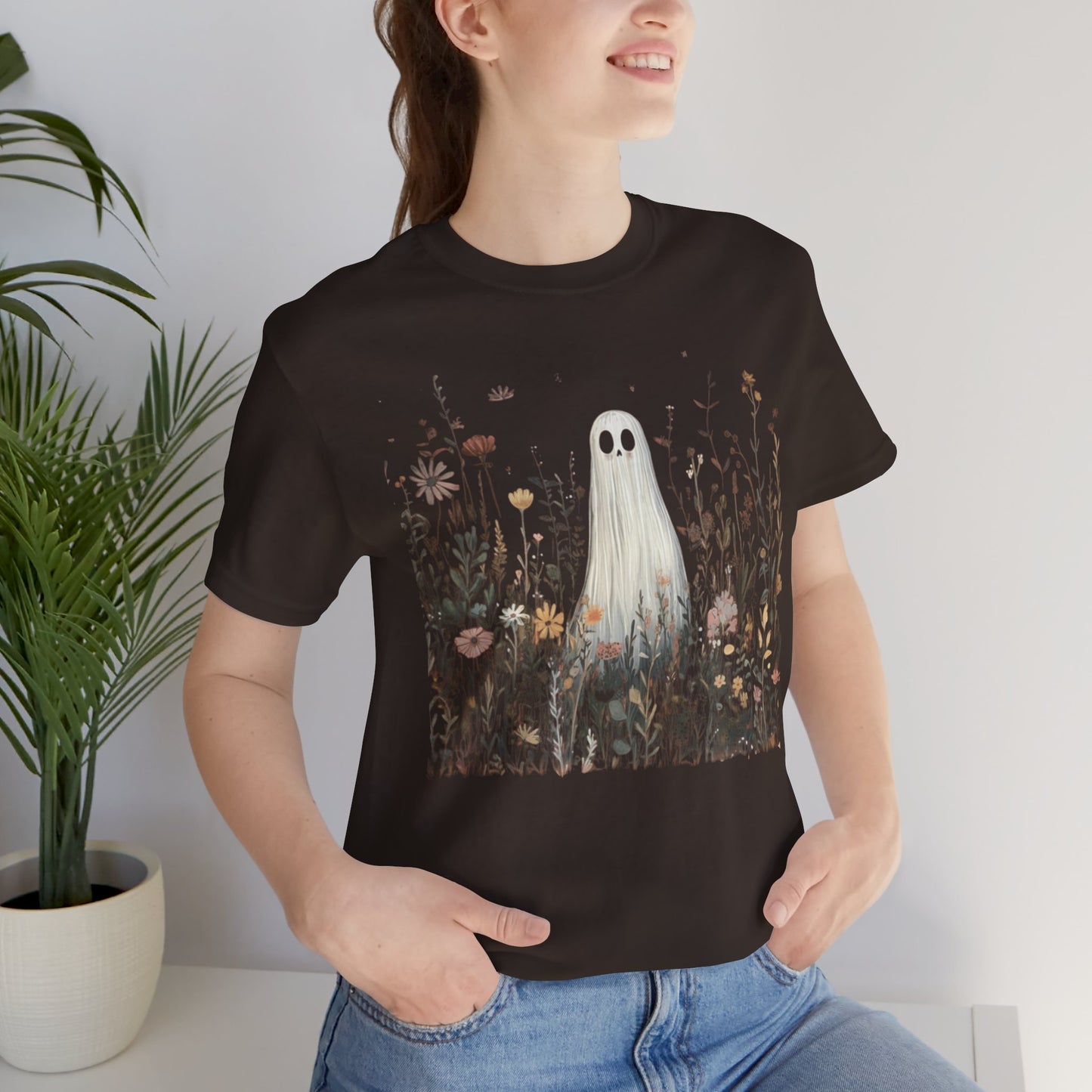 Whimsical Ghost Floral Tee, Casual Summer Shirt, Cute Ghost T-Shirt, Unique Gift for Ghost Lovers, Boho Style Cotton Tee