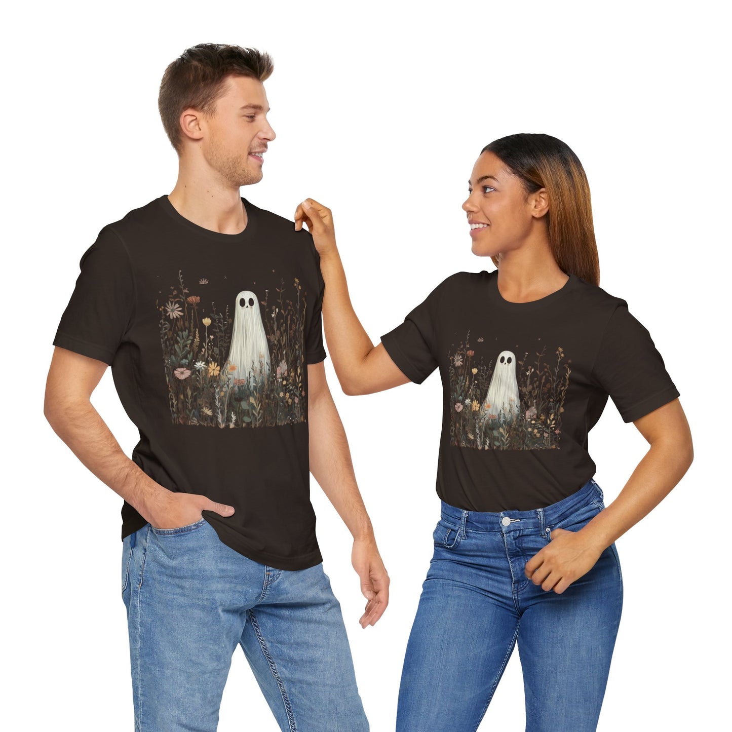 Whimsical Ghost Floral Tee, Casual Summer Shirt, Cute Ghost T-Shirt, Unique Gift for Ghost Lovers, Boho Style Cotton Tee
