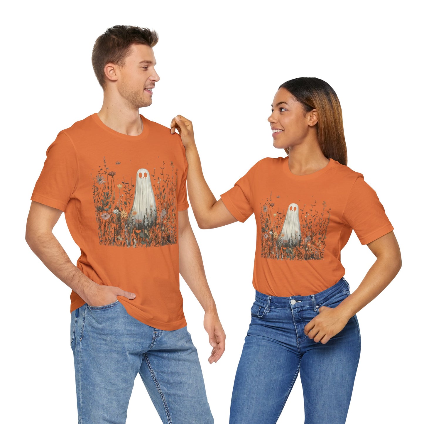 Whimsical Ghost Floral Tee, Casual Summer Shirt, Cute Ghost T-Shirt, Unique Gift for Ghost Lovers, Boho Style Cotton Tee