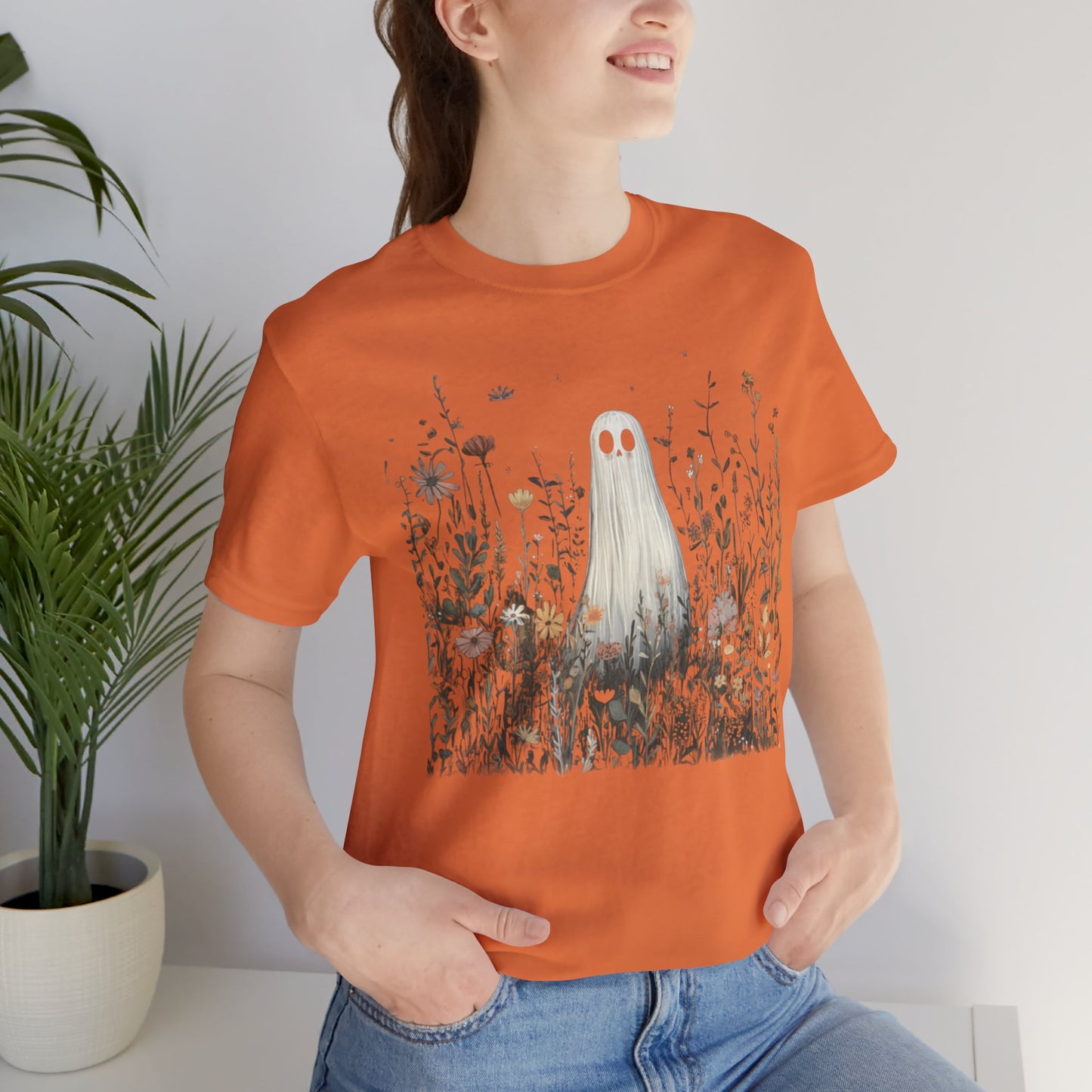 Whimsical Ghost Floral Tee, Casual Summer Shirt, Cute Ghost T-Shirt, Unique Gift for Ghost Lovers, Boho Style Cotton Tee