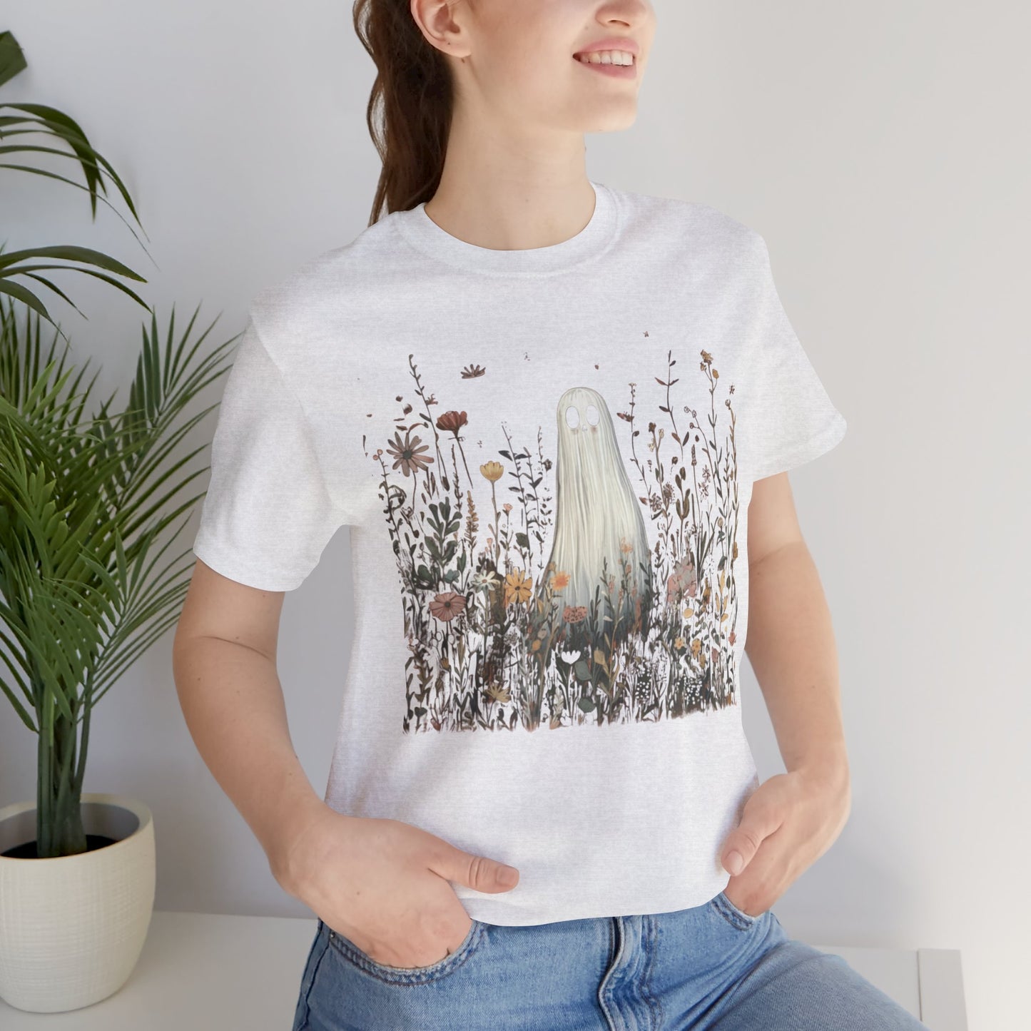 Whimsical Ghost Floral Tee, Casual Summer Shirt, Cute Ghost T-Shirt, Unique Gift for Ghost Lovers, Boho Style Cotton Tee