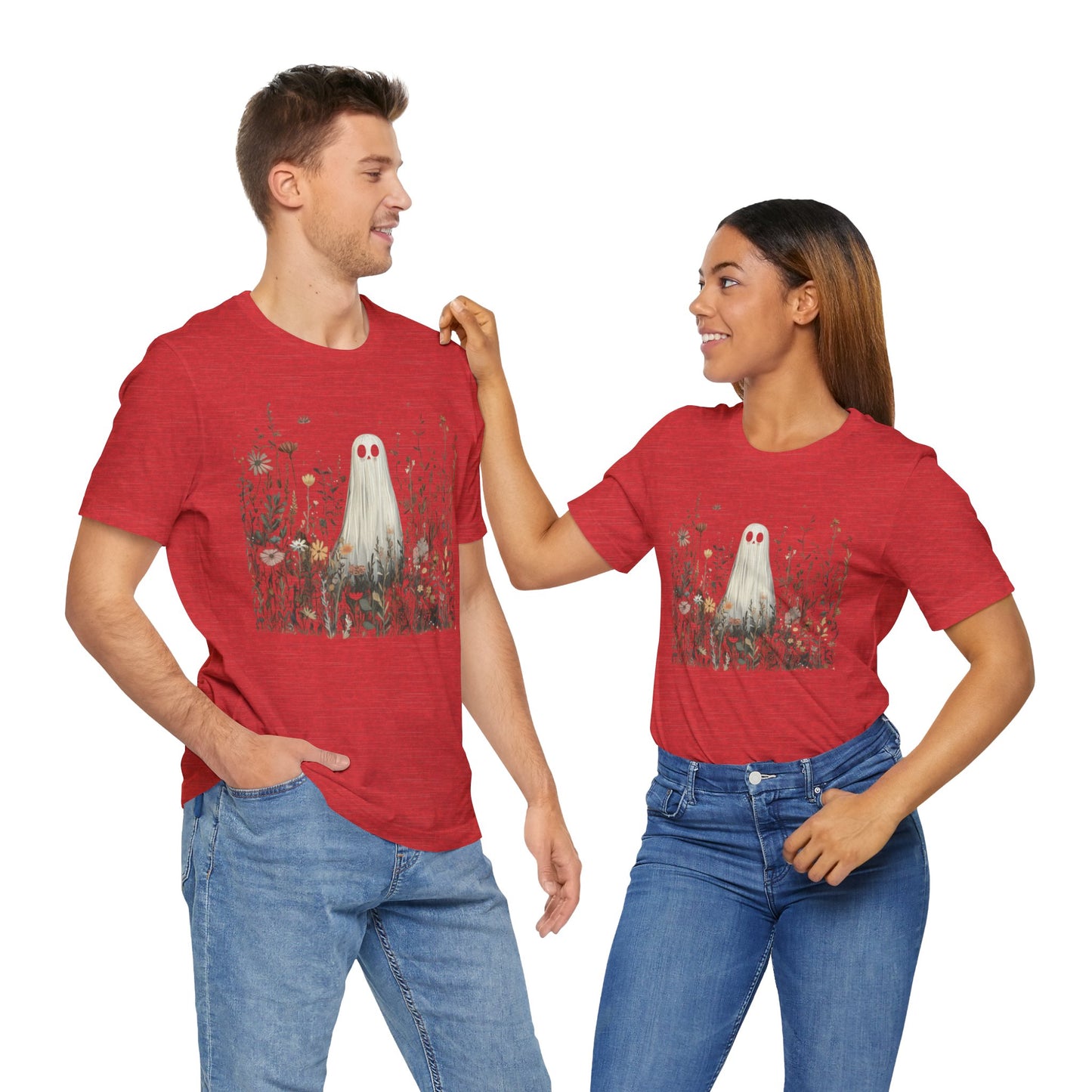 Whimsical Ghost Floral Tee, Casual Summer Shirt, Cute Ghost T-Shirt, Unique Gift for Ghost Lovers, Boho Style Cotton Tee
