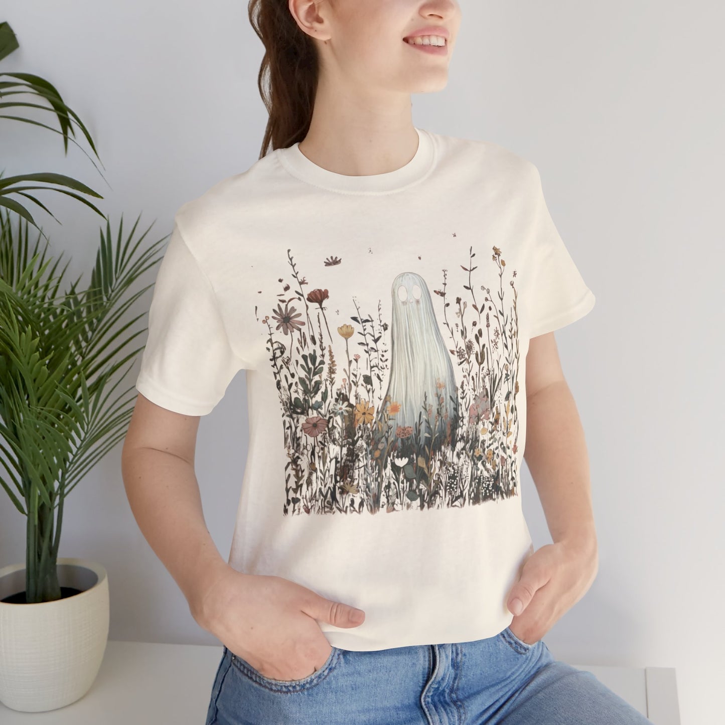 Whimsical Ghost Floral Tee, Casual Summer Shirt, Cute Ghost T-Shirt, Unique Gift for Ghost Lovers, Boho Style Cotton Tee
