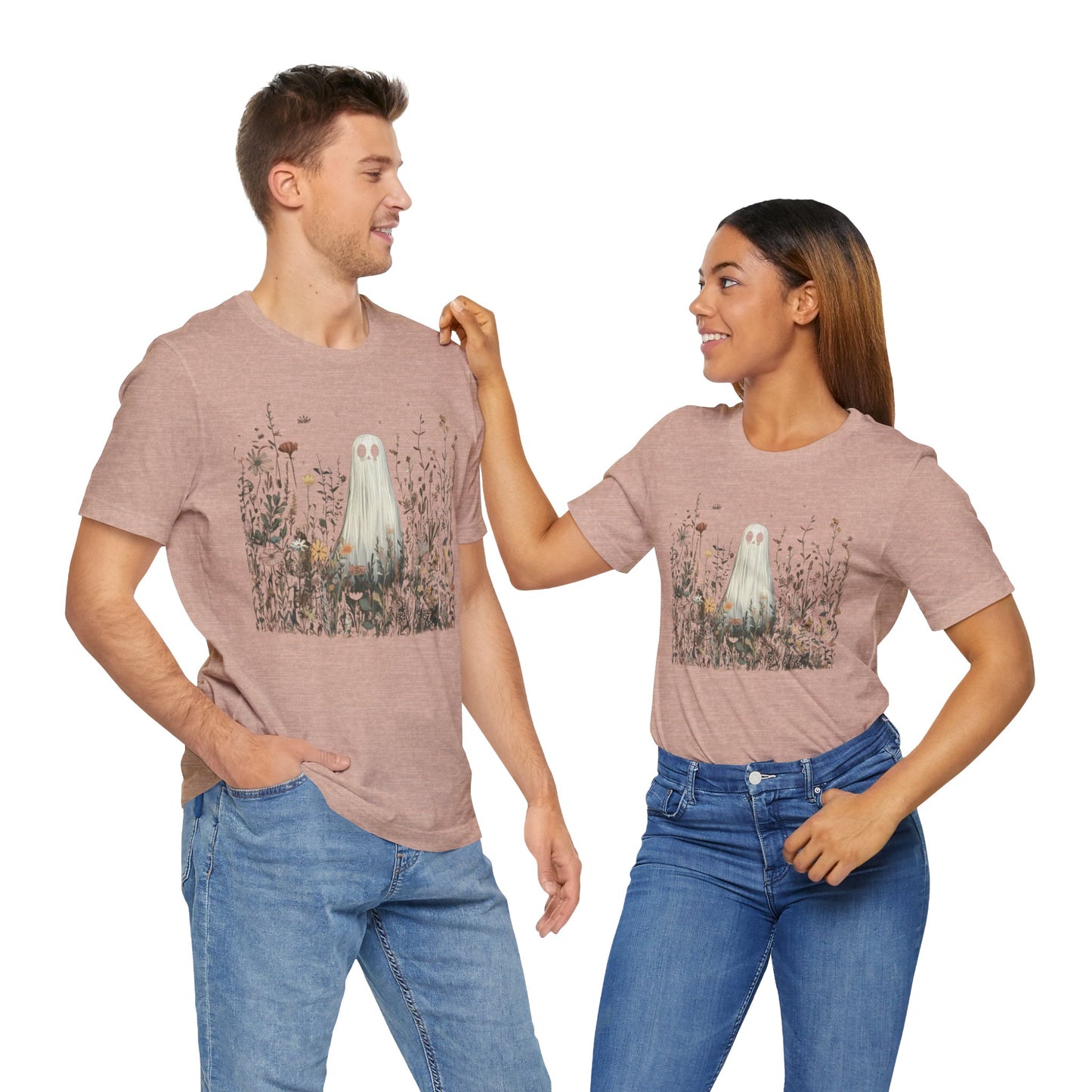 Whimsical Ghost Floral Tee, Casual Summer Shirt, Cute Ghost T-Shirt, Unique Gift for Ghost Lovers, Boho Style Cotton Tee