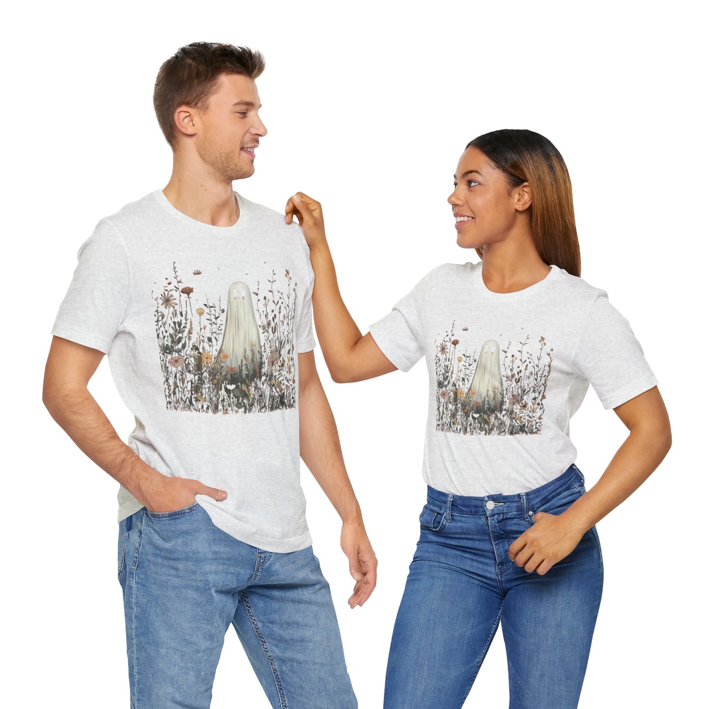 Whimsical Ghost Floral Tee, Casual Summer Shirt, Cute Ghost T-Shirt, Unique Gift for Ghost Lovers, Boho Style Cotton Tee
