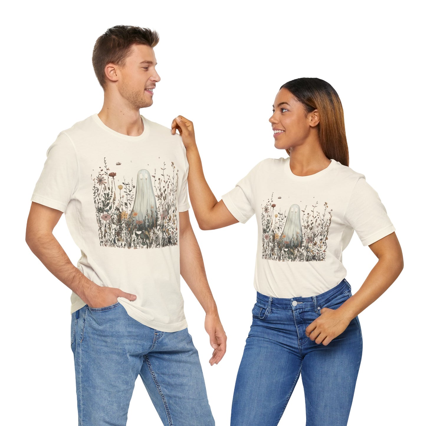 Whimsical Ghost Floral Tee, Casual Summer Shirt, Cute Ghost T-Shirt, Unique Gift for Ghost Lovers, Boho Style Cotton Tee