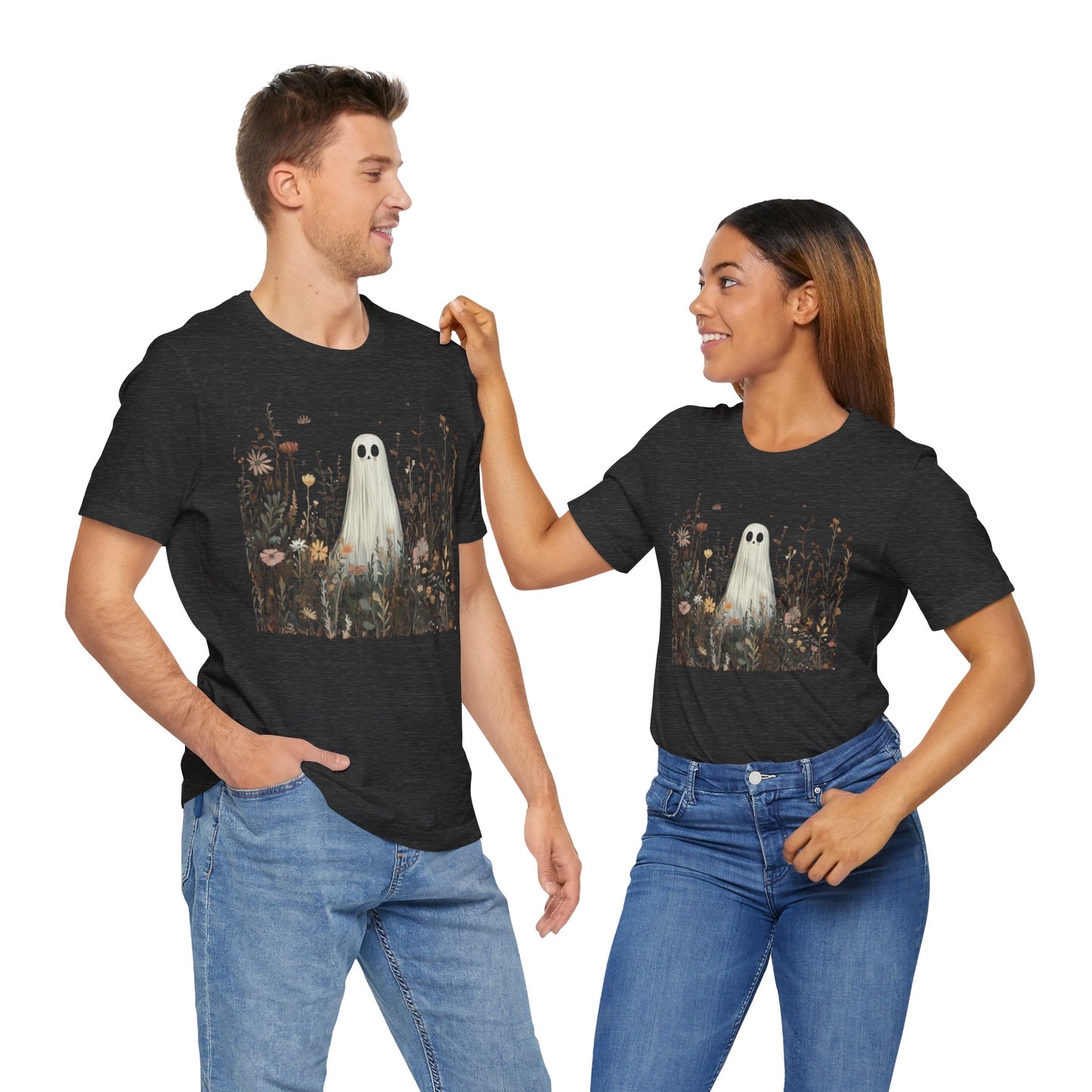 Whimsical Ghost Floral Tee, Casual Summer Shirt, Cute Ghost T-Shirt, Unique Gift for Ghost Lovers, Boho Style Cotton Tee