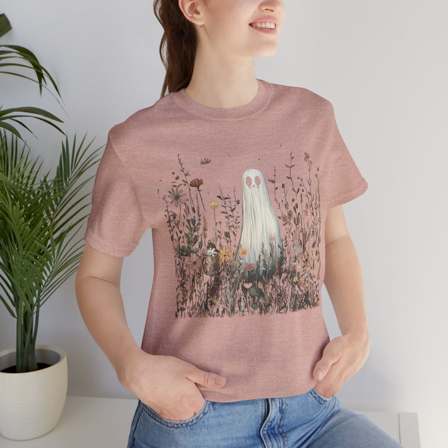 Whimsical Ghost Floral Tee, Casual Summer Shirt, Cute Ghost T-Shirt, Unique Gift for Ghost Lovers, Boho Style Cotton Tee