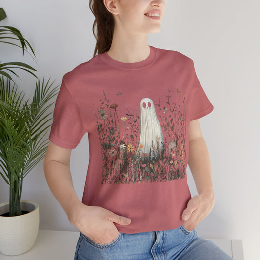 Whimsical Ghost Floral Tee, Casual Summer Shirt, Cute Ghost T-Shirt, Unique Gift for Ghost Lovers, Boho Style Cotton Tee
