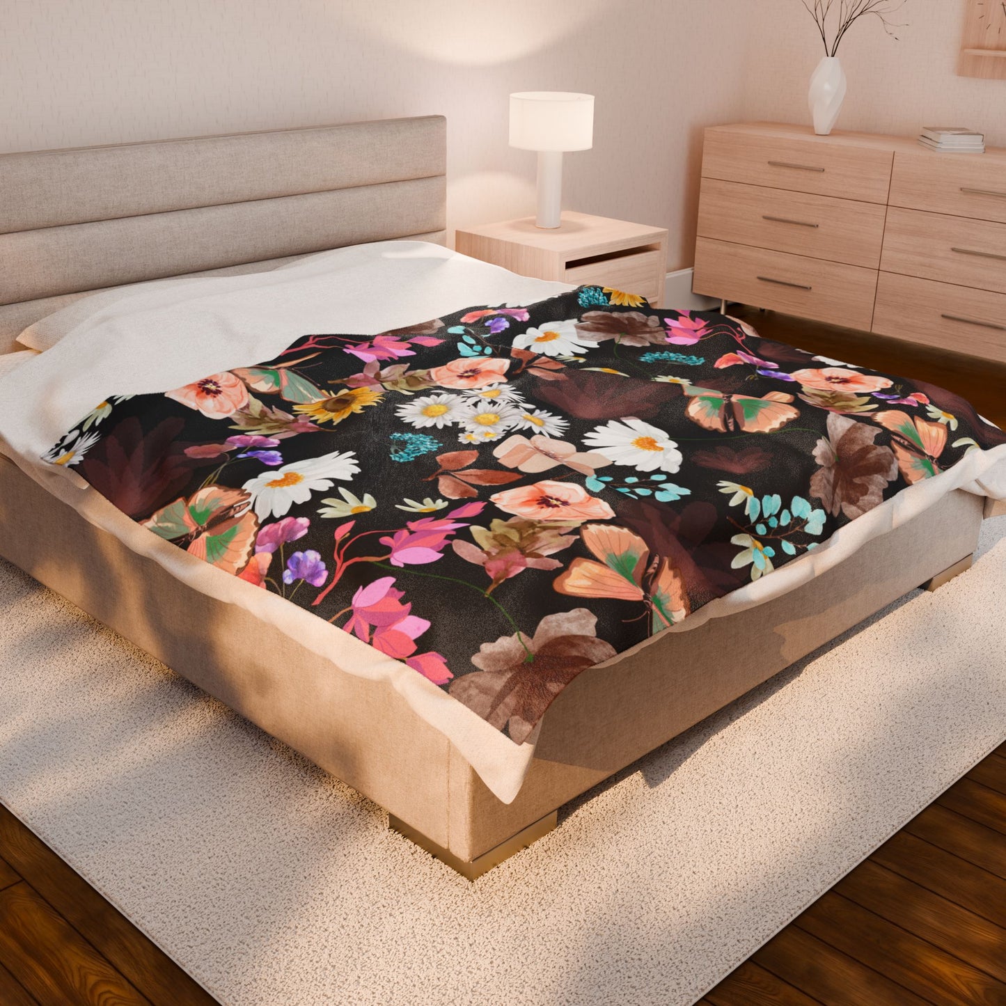 Velveteen Plush Blanket - Flower Print Cozy Home Décor and Gift for Her