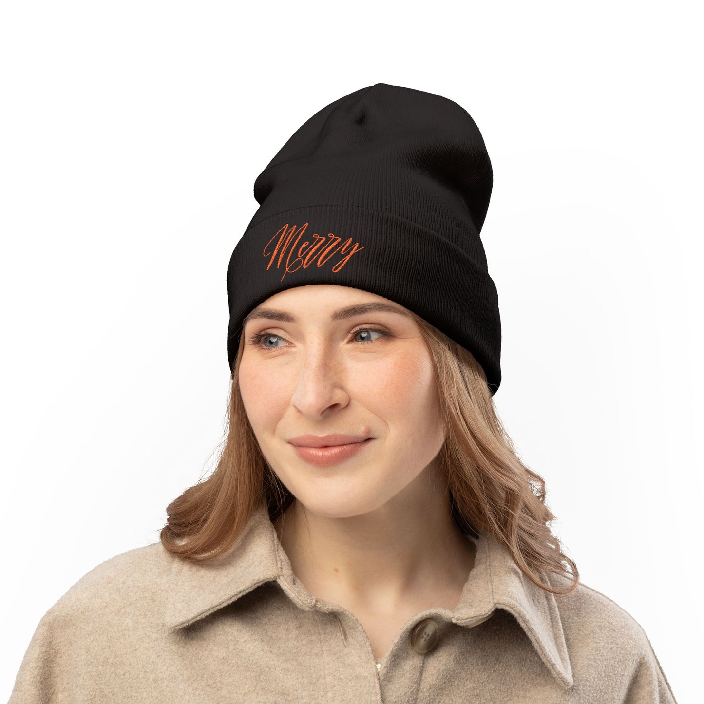 Merry Knit Beanie, Cozy Winter Hat, Holiday Gift, Embroidered Beanie, Christmas Accessories, Fashionable Winter Wear