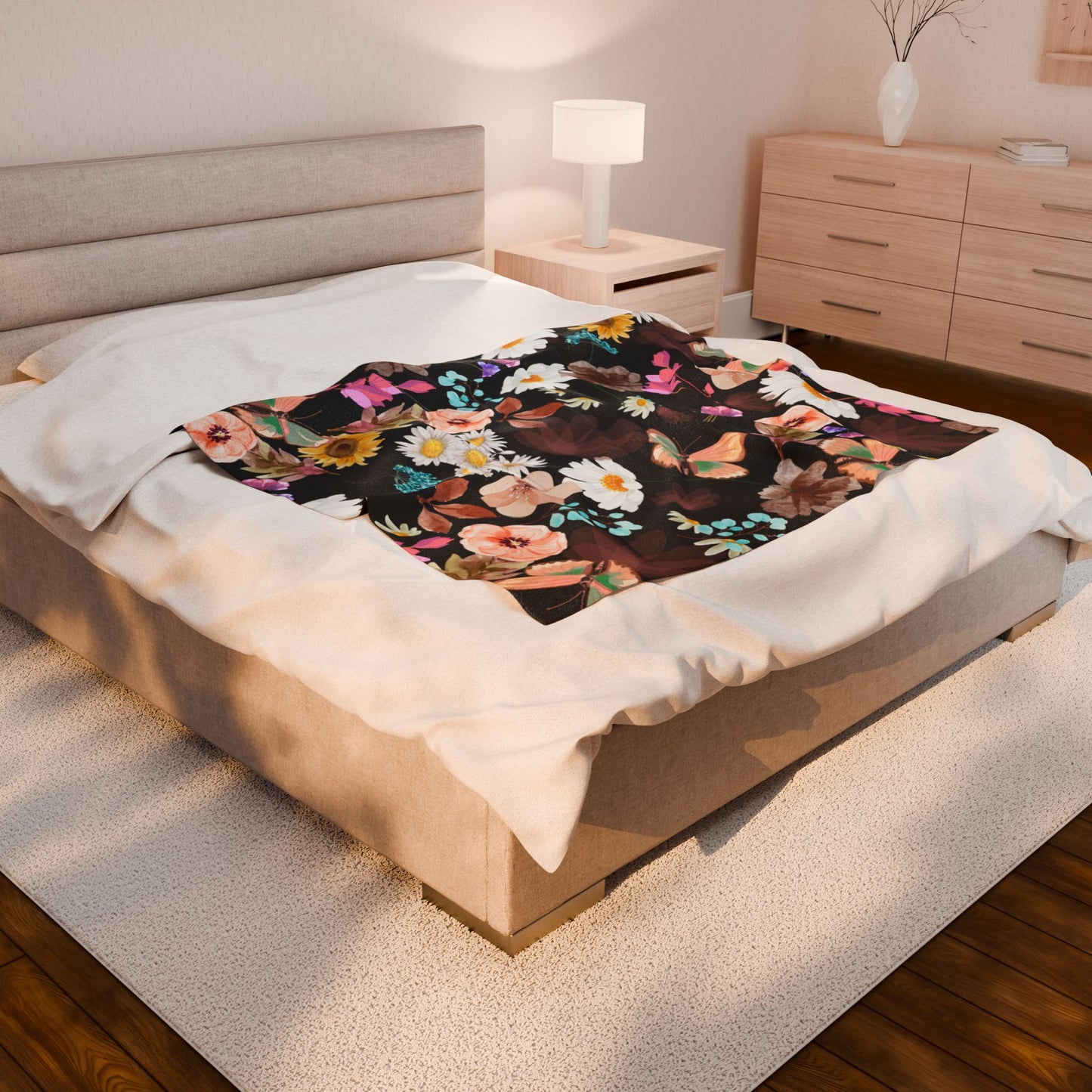 Velveteen Plush Blanket - Flower Print Cozy Home Décor and Gift for Her