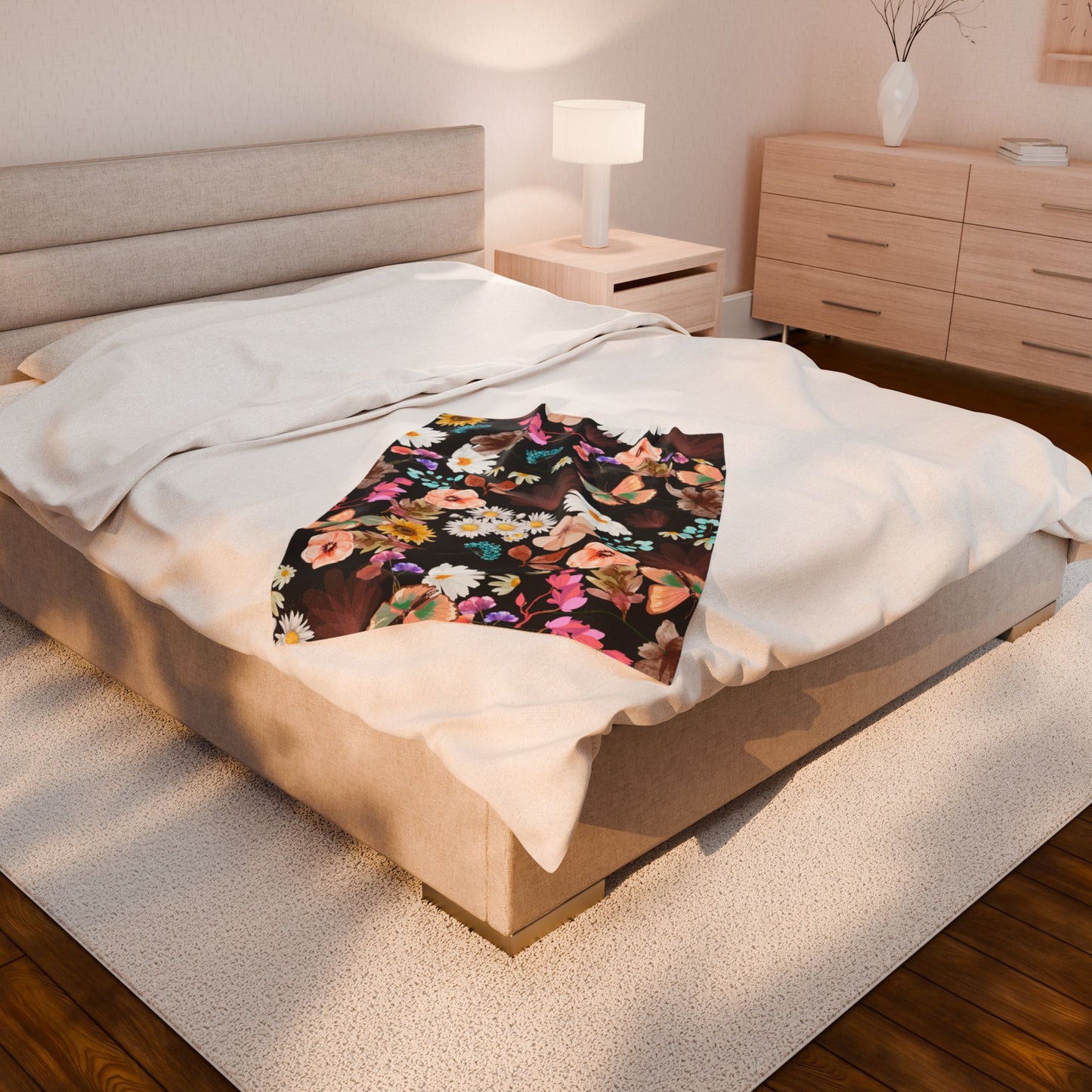 Velveteen Plush Blanket - Flower Print Cozy Home Décor and Gift for Her
